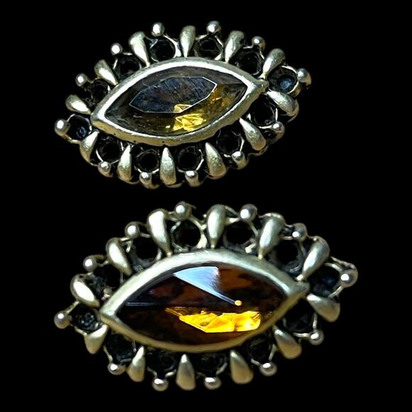 Vintage Amber Glass Marquise Stone Brass Tone Post Earrings - Picture 13 of 16